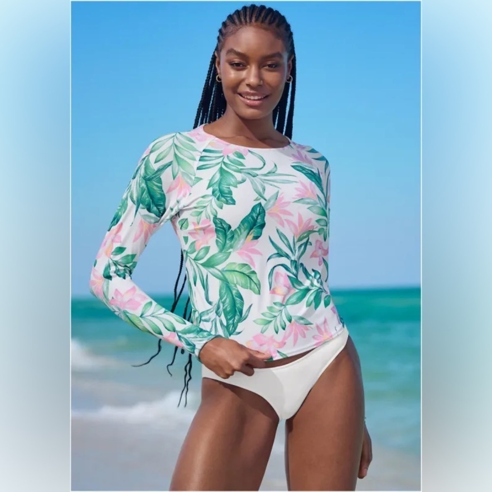 VENUS Tropical Floral Long Sleeve Swim Top - Green and Pink size Small NWOT